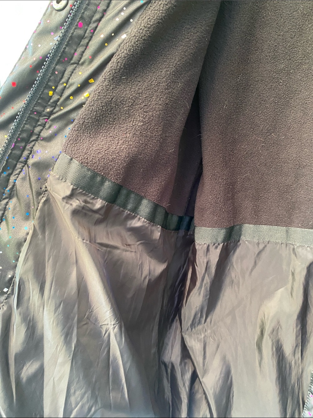 Eddie Bauer Black Down Puffer Coat with Faux Fur Hood and Multicolor Speckle - Picture 3 of 6